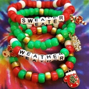 Handmade Sweater Weather Christmas Stacked Beaded Kandi Bracelet Charm Set